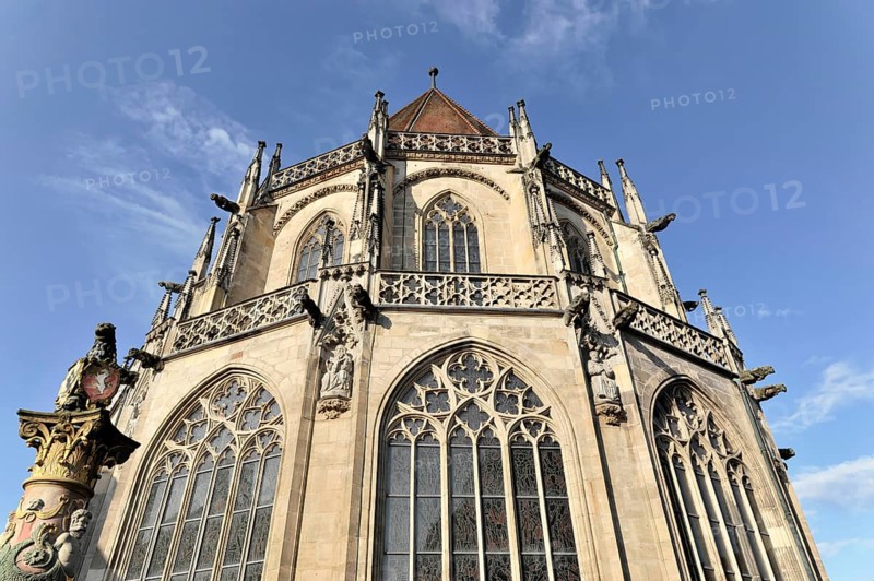 Heilig-Kreuz-Muenster, view from the east, built between 1210 and 1230, in front the lion fountain, Schwaebisch Gmuend, Baden-Wuerttemberg, Germany, Europe