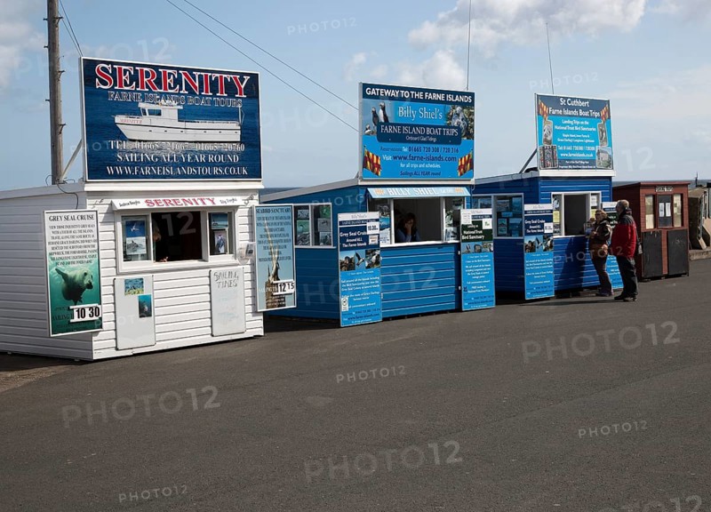 Boat trip ticket sales booths to the Farne Islands at Seahouses, Northumberland, England, UK