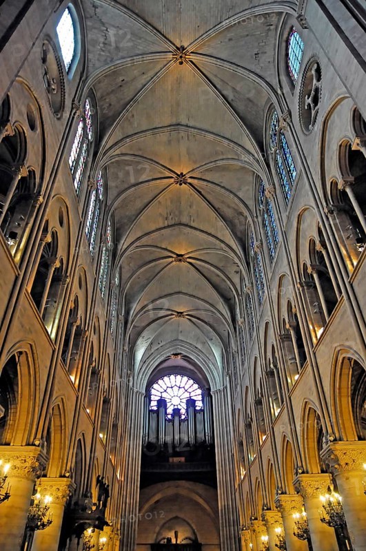 Ceiling view, Notre-Dame de Paris Cathedral, Ile de la Cite, 4th arrondissement, Paris, France, Europe