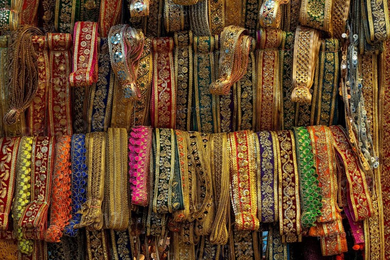 Colourful textile borders, bazaar, at Charminar, Hyderabad, Andhra Pradesh, India, Asia