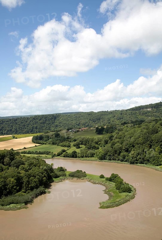 View north towards Lancaut over incised meander, gorge and river spit, River Wye, near Chepstow, Monmouthshire, Wales, UK