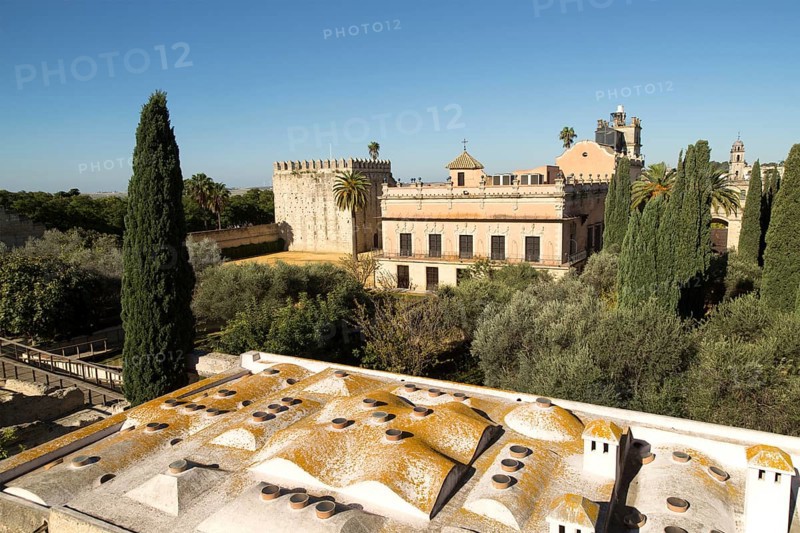 Historic palace building, Palacio de Villavicencio and gardens in the Alcazar, Jerez de la Frontera, Spain, Europe