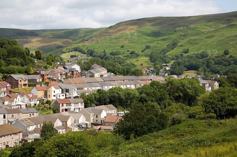 Linear pattern of terraced houses in Cwmparc, Treorchy, Rhonnda valley, South Wales, UK
