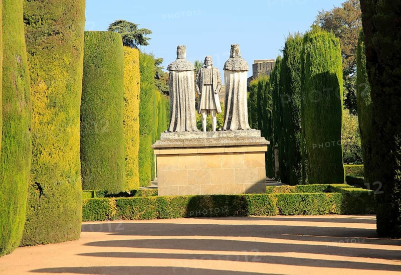 Columbus, King Ferdando and Queen Isabel statues in garden of Alcazar, Cordoba, Spain, Alcazar de los Reyes Cristianos, Europe