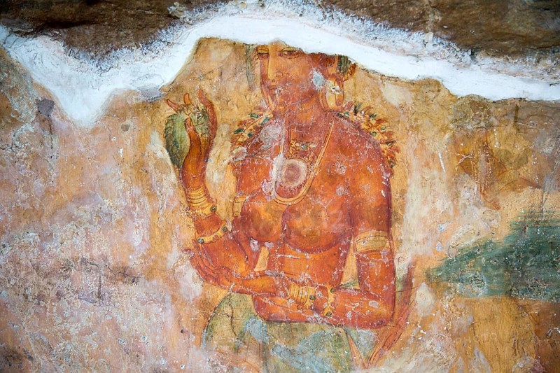 Rock painting frescoes of maidens in the palace fortress, Sigiriya, Central Province, Sri Lanka, Asia