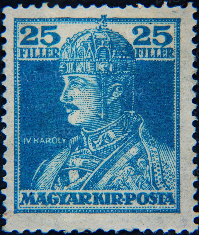 Charles I (1887, 1922) Emperor of Austria and as IV. Karoly (Karl IV) King of Hungary 1916â€“1918. Portrait on Hungarian postage stamp