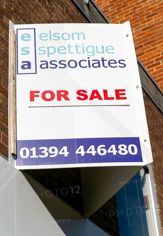 Elson Spettigue Associates commercial property for sale estate agency sign, Woodbridge, Suffolk, England, UK