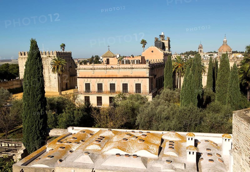 Historic palace building, Palacio de Villavicencio and gardens in the Alcazar, Jerez de la Frontera, Spain, Europe