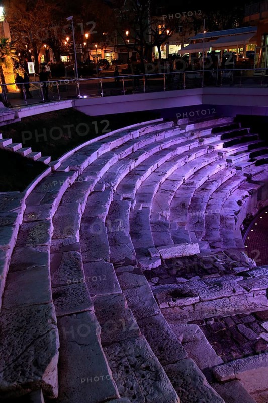 Roman stadium steps illuminated at night, city centre of Plovdiv, Bulgaria, Europe