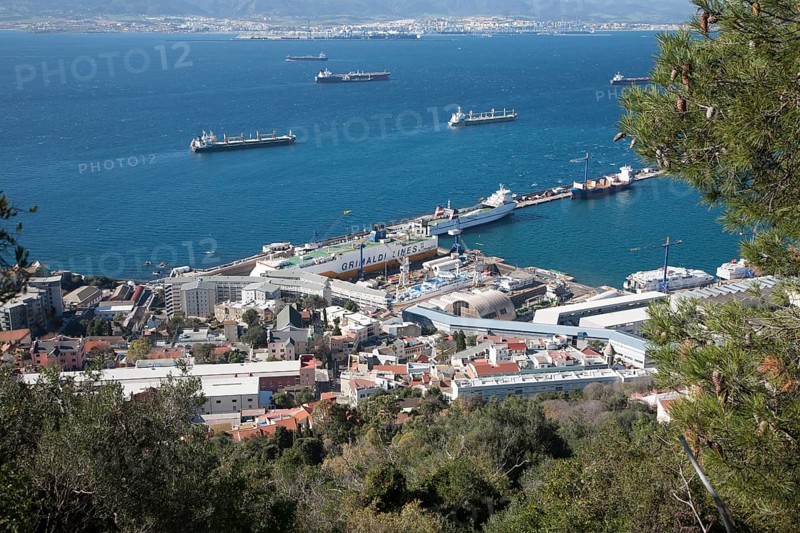 View over docks and shipyard warehouses in Gibraltar, British territory in southern Europe