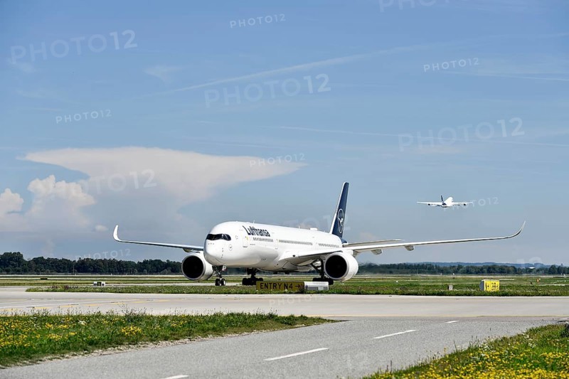 Lufthansa Airbus A350-900 after landing on taxiway from Runway North to Terminal 2, Munich Airport, Upper Bavaria, Bavaria, Germany, Europe