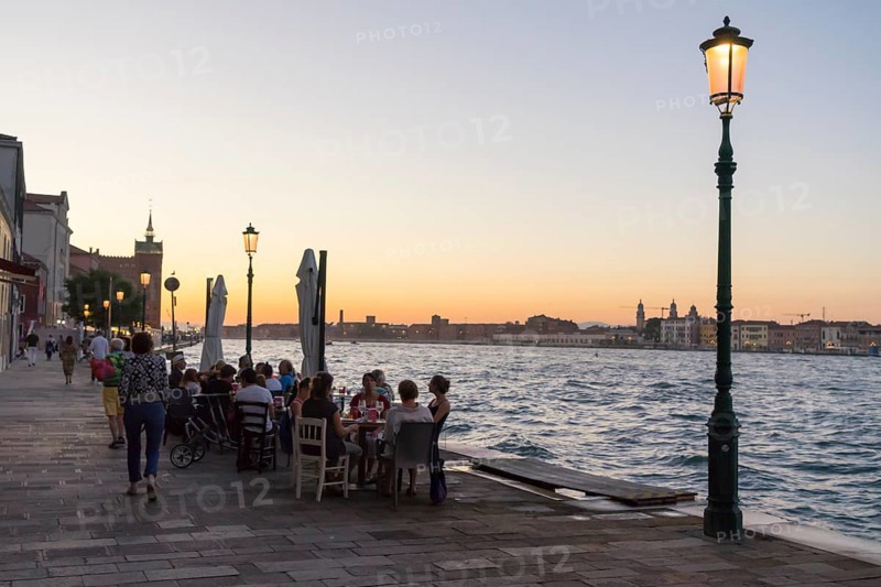 Restaurant on the waterfront of the Guidecca Canal, Dorsoduro district, Venice, Veneto, Italy, Europe