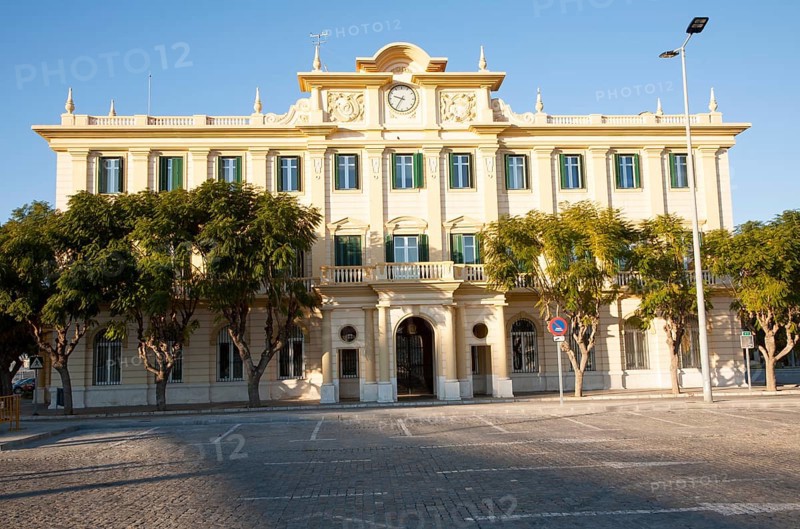 Historic port authority office building Malaga, Spain eclectic classicist style, 1935 architect Manuel Acena Gonzalez