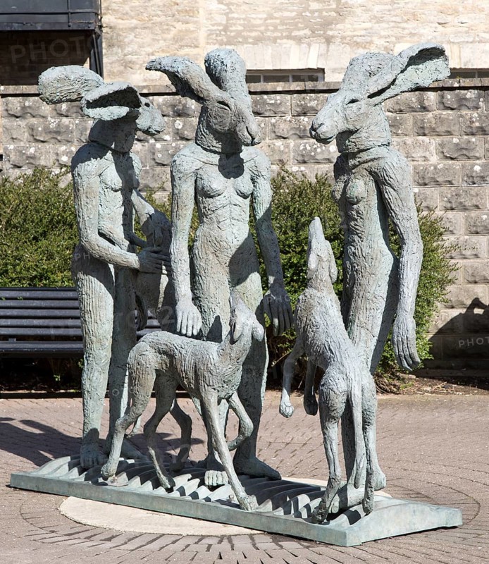 â€œPaint potsâ€ sculpture by artist Sophie Ryder in Brewery Court, Cirencester, Gloucestershire, England, UK