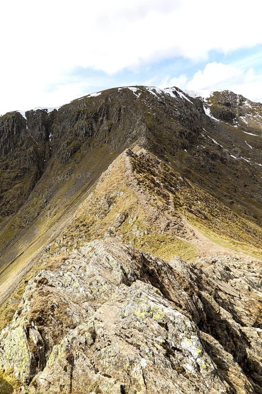 Striding Edge arete and Helvellyn mountain peak, Lake District, Cumbria, England, UK