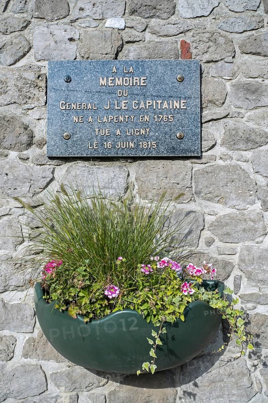 Commemorative plaque for general Jacques Lecapitaine, killed during the 1815 Battle of Ligny, Sombreffe, Namur, Wallonia, Belgium, Europe