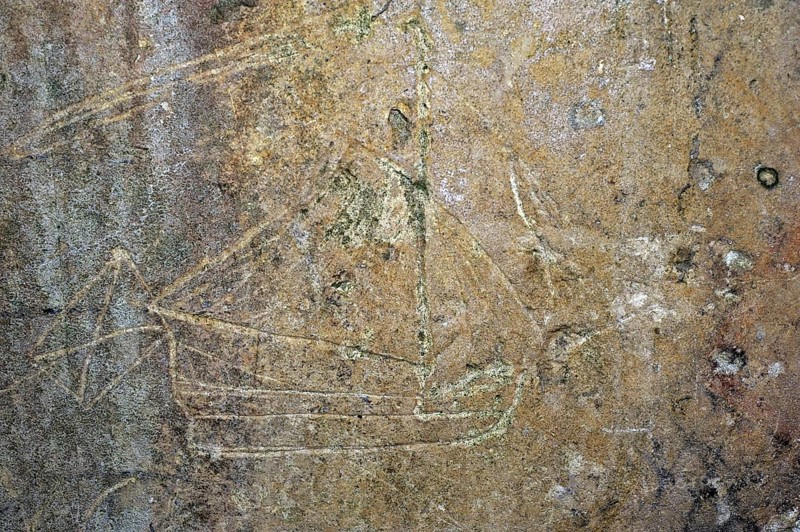 Old graffiti of galleon sailing ship carved on rampart wall of the citadel at Brouage, Hiers-Brouage, Charente-Maritime, France, Europe