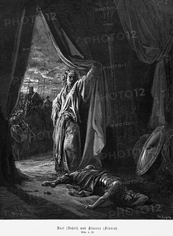 Jael or Jahel kills the Canaanite commander Sissera or Sisera, Book of Judges, chapter 4, woman, pride, murder, warrior, armour, shield, weapons, spears, horses, rider, curtain, Bible, Old Testament, historical illustration from 1886