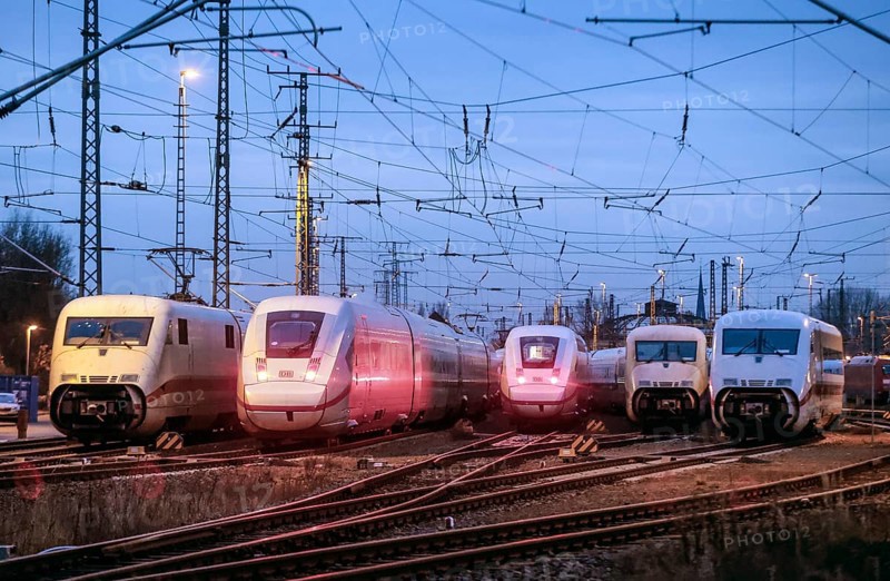 Deutsche Bahn ICE trains standing at the ICE plant in Berlin Rummelsberg, Berlin, 20/12/2022