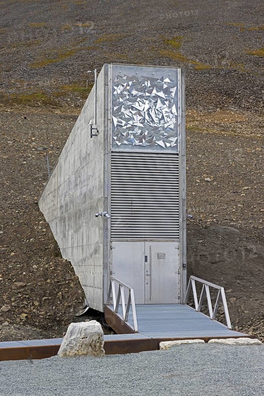 Entrance to the Svalbard Global Seed Vault, largest seed bank in the world and backup facility for the crop diversity near Longyearbyen, Spitsbergen