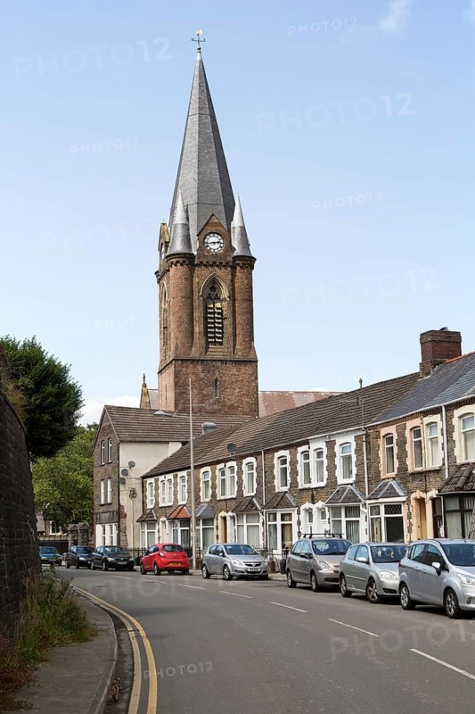 Christ Church and crescent of terraced housing, Ebbw Vale, Blaenau Gwent, South Wales, UK