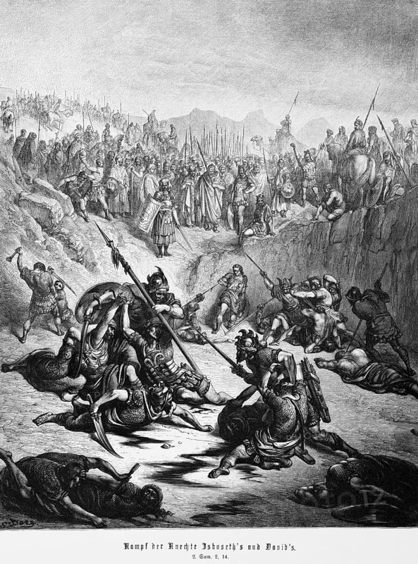 Battle of the servants of Isbosheth and David, 2nd Book of Samuel, chapter 2, army, servants, battle, weapons, spears, armour, pit, kill, injure, Bible, Old Testament, historical illustration 1885