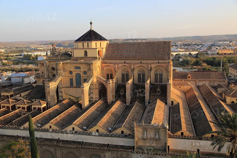 Raised angle view of Great Mosque, Mezquita cathedral, former mosque building in central, Cordoba, Spain, Europe