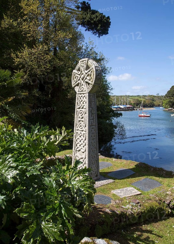 Celtic cross gravestone by River Fal, St Just in Roseland, Cornwall, England, UK