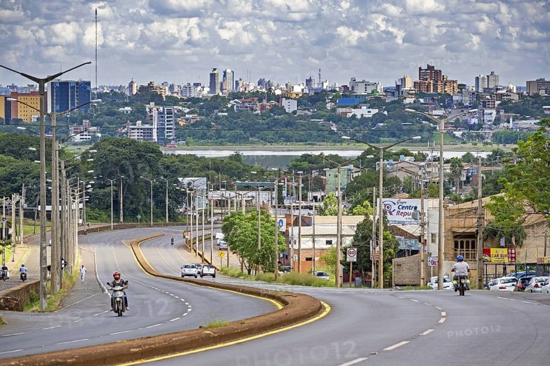 View over the city Encarnacion and the Parana River, Rio Parana, Itapua, Paraguay, South America