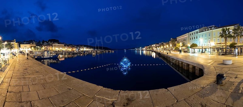 Blue hour, harbour of Mali Losinj, illuminated Christmas tree in the harbour basin, panoramic shot, island of Losinj, Kvarner Gulf Bay, Adriatic Sea, Croatia, Europe
