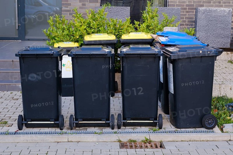 Waste bins for recyclables, paper and residual waste in front of a house, Dortmund, Ruhr area, Westphalia, North Rhine-Westphalia, Germany, Europe
