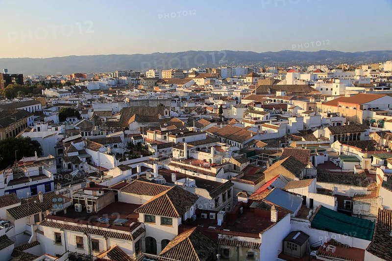 Oblique raised angle view of historic city centre buildings, Cordoba, Spain, Europe