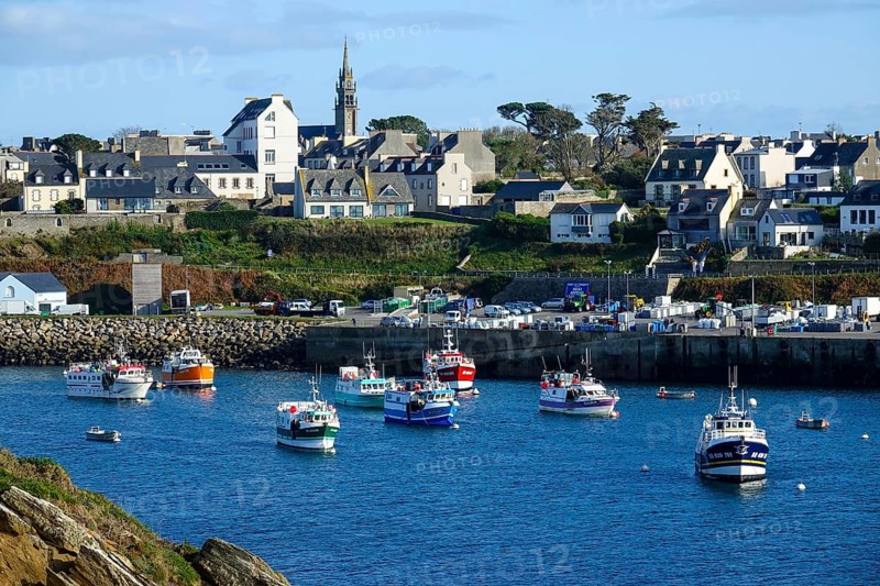 Harbour and commune of Le Conquet, seen from the Kermorvan peninsula, Finistere Pen ar Bed department, Brittany Breizh region, France, Europe