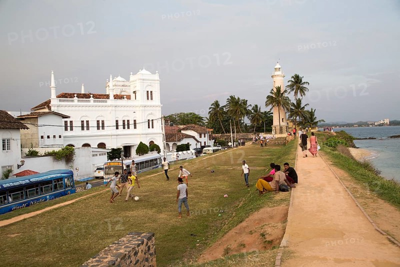 Fort ramparts of historic town of Galle, Sri Lanka, Asia with lighthouse and Meeran Jumma mosque, Asia