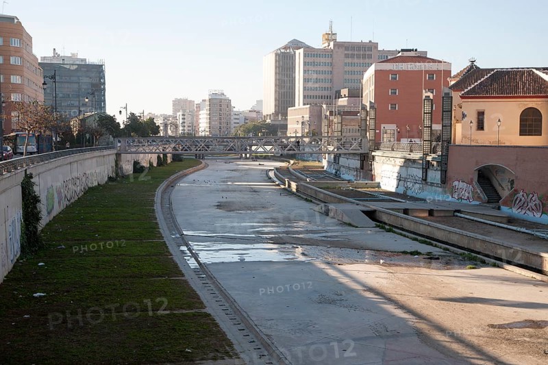 Dry concrete course of the River Rio Guadalmedina in Malaga, Spain, Europe