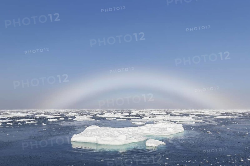 Fogbow, fog bow, white rainbow, sea-dog over the Arctic Sea at Svalbard, Norway, Europe