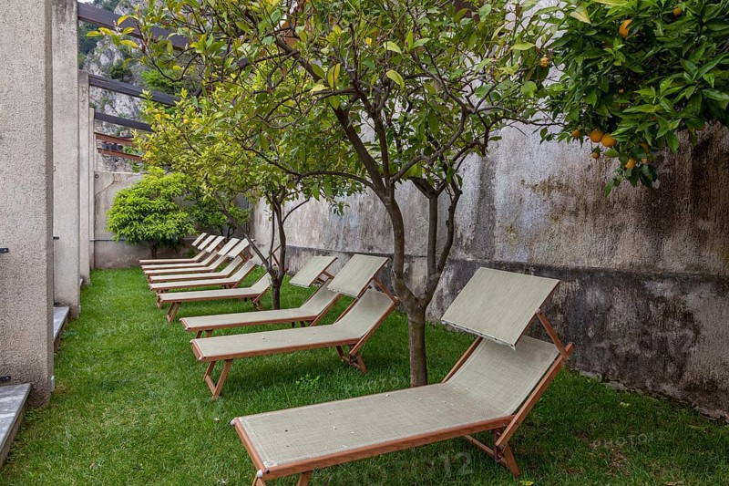 Sun loungers under orange trees, Limone sul Garda, Lake Garda, Italy, Europe