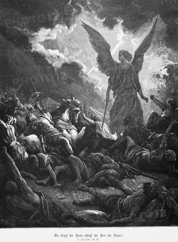 The angel of the Lord smites the army of the Assyrians, 2nd Book of Kings, swords, weapons, battle, dead, lightning, dark clouds, Bible, Old Testament, historical illustration