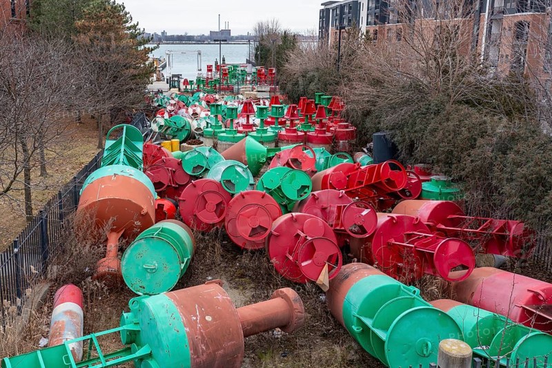 Detroit, Michigan, Navigational buoys stored at the U.S. Coast Guard station. The buoys mark the shipping channel from Saginaw Bay in Lake Huron through the St. Clair River, Lake St. Clair, and the Detroit River to Lake Erie. Many buoys are removed from the water and stored at the Coast Guard station for the winter