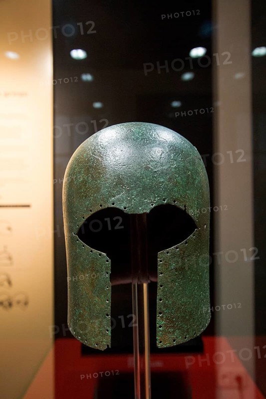 Greek Corinthian bronze helmet, seventh century BC, archaeology museum, Jerez de la Frontera, Cadiz Province, Spain, Europe