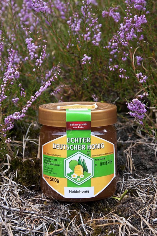 Honey jar, skep of apiary in heather at the Lueneburg Heath, Lunenburg Heathland, Lower Saxony, Germany, Europe