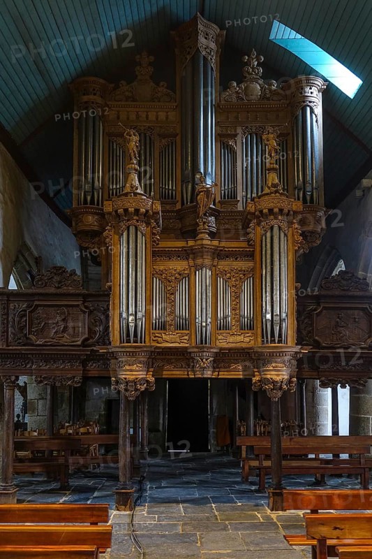 17th century oak organ by organ builder Thomas Dallam, Enclos Paroissial parish of Guimiliau, Finistere Penn ar Bed department, Brittany Breizh region, France, Europe