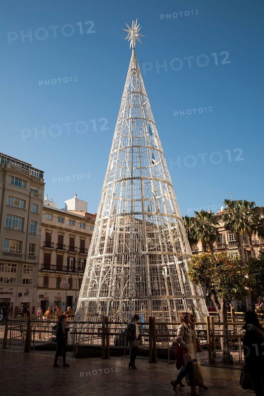 Christmas tree decorations in Plaza de Constitucion, Malaga, Spain, Europe