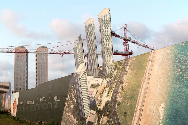 Construction site building activity image with cranes neat Twin Towers of World Trade Centre, Colombo, Sri Lanka, Asia