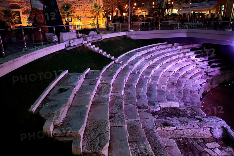 Roman stadium steps illuminated at night, city centre of Plovdiv, Bulgaria, Europe