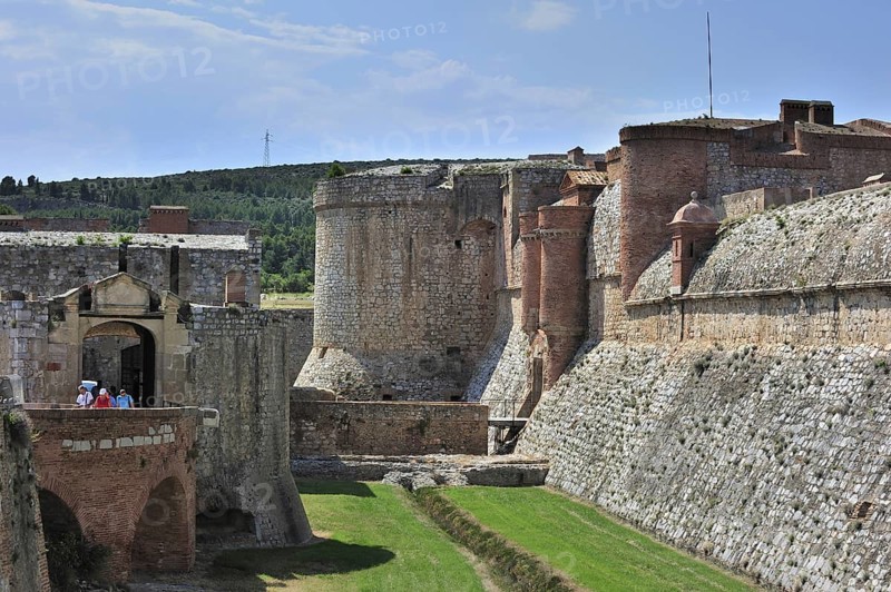 Moat and ramparts of the Catalan fortress Fort de Salses at Salses-le-Chateau, Pyrenees, France, Europe