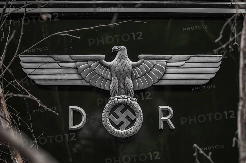 An eagle emblem with spread wings and a swastika, symbol from the time of the Second World War, Dahlhausen railway depot, Lost Place, Dahlhausen, Bochum, North Rhine-Westphalia, Germany, Europe