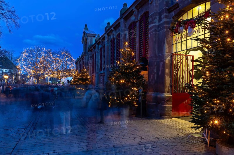 Market hall, Christmas trees, people, Little Venice, Petite Venise, Christmas market, historic houses, historic town, Blue Hour, The Fishermen's Market, Colmar, Alsace, France, Europe