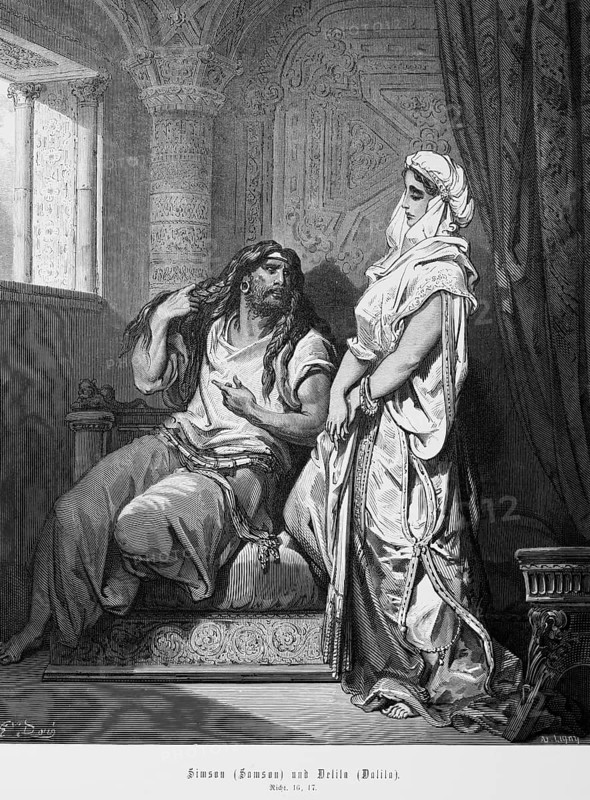 Samson or Samson and Delilah, Book of Judges, Chapter 16, Bible, building, interior, window, pillar, armchair, long hair, man, woman, curtain, sitting, standing, shy, precious garment, talking, Old Testament, historical illustration 1885