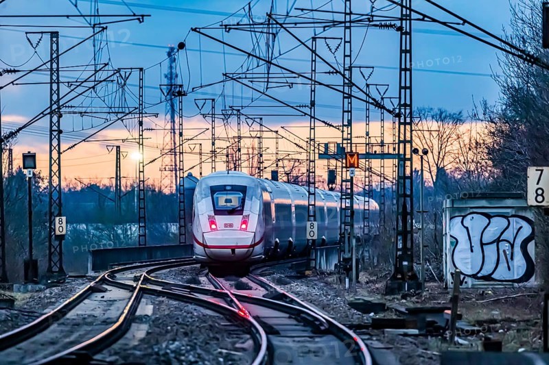 Railway line with many overhead lines and railway signals, InterCityExpress ICE of Deutsche Bahn AG, Stuttgart, Baden-Wuerttemberg, Germany, Europe